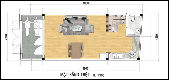 Bản vẽ tầng trệt nhà 4x10m 3 tầng