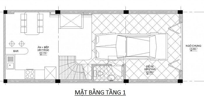 Mặt bằng tầng 1 nhà phố 3 tầng 4x10 1