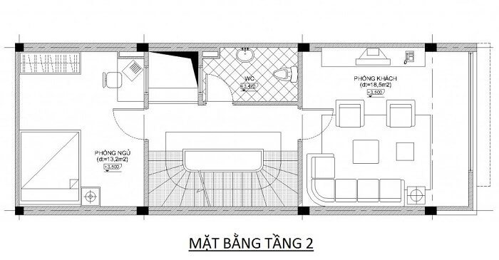 Mặt bằng tầng 2 nhà phố 3 tầng 4x10