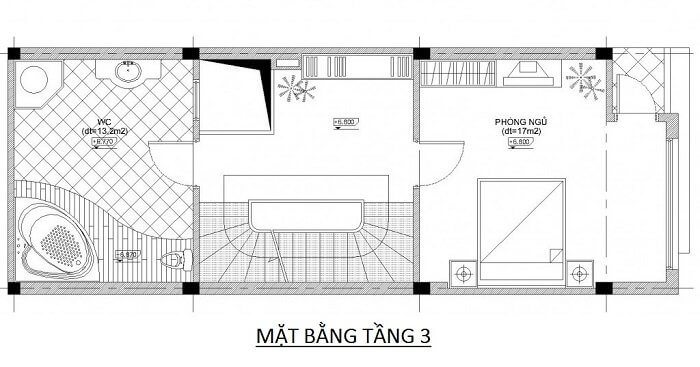 Mặt bằng tầng 3 nhà phố 3 tầng 4x10