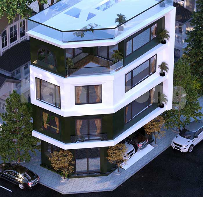Thiết kế nhà 2 mặt tiền vát góc 3 tầng 4
