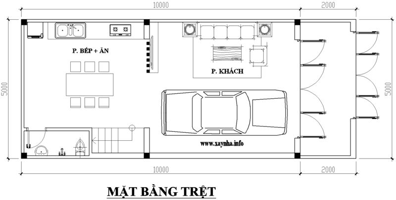 Bản vẽ tầng trệt mẫu nhà 3 tầng 5x10m hiện đại