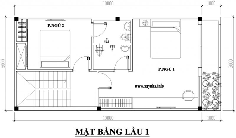 Bản vẽ tầng 1 mẫu nhà 3 tầng 5x10m hiện đại