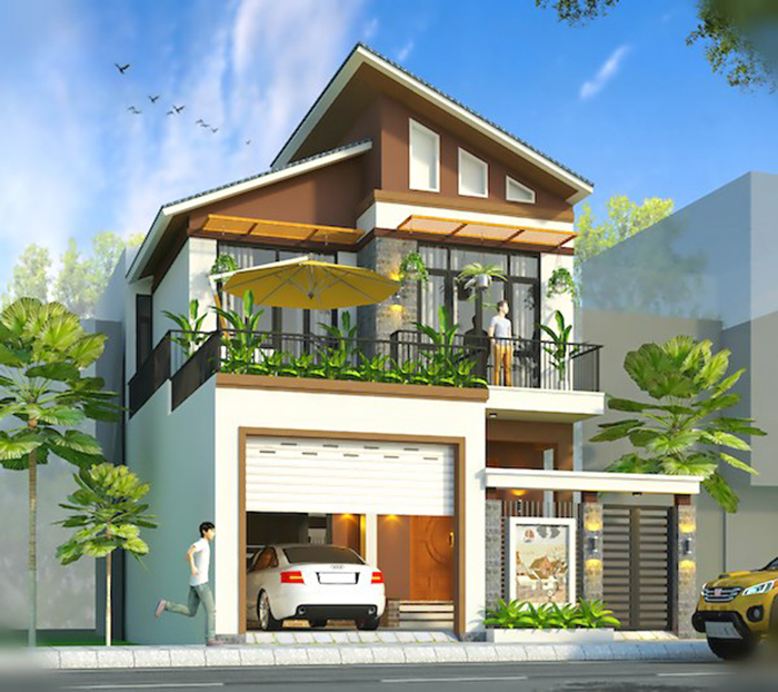 Mẫu nhà ống mái lệch phân cấp 2 bên
