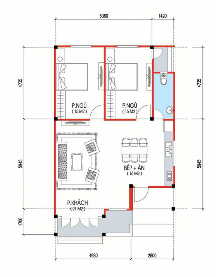 Mẫu nhà ống 1 tầng 2 phòng ngủ 80m2 13