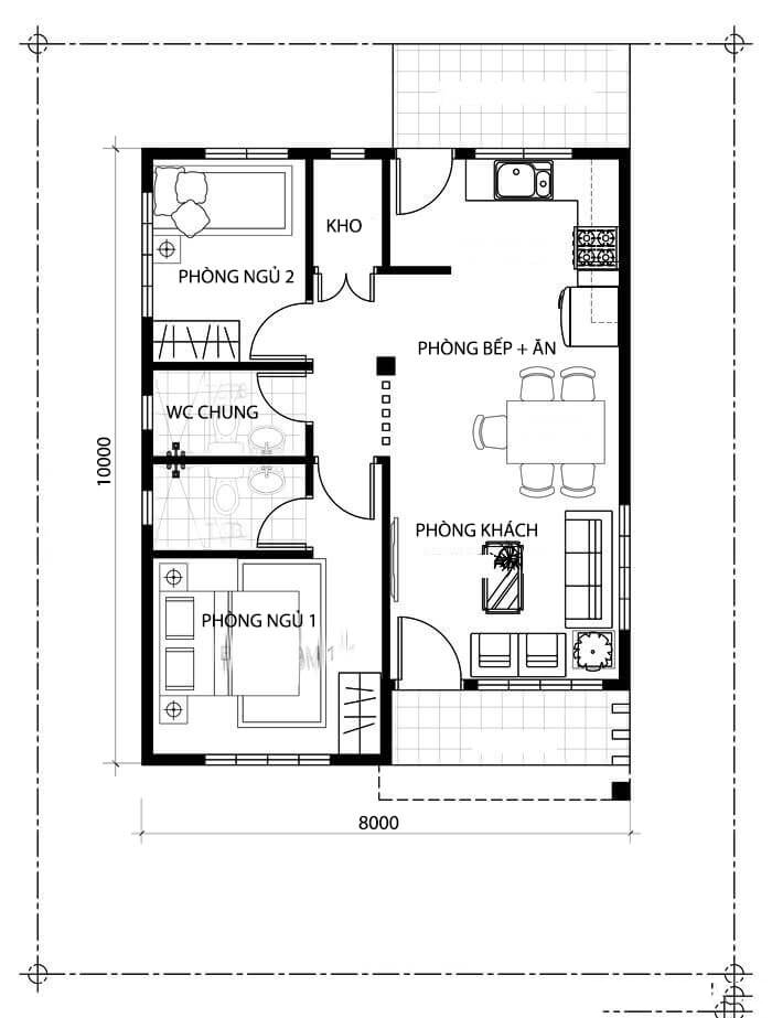 Mẫu nhà ống 1 tầng 2 phòng ngủ 80m2 15
