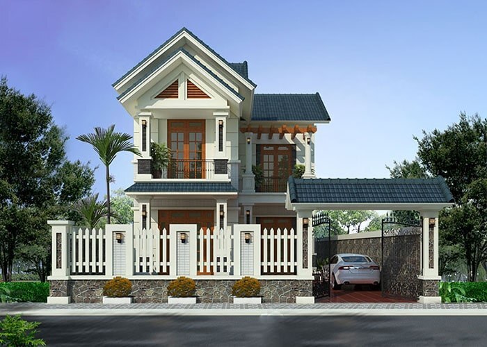 Mẫu nhà 2 tầng 60m2 mái thái có gara