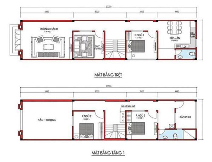 thiết kế nhà 2 tầng 5x20m đơn giản