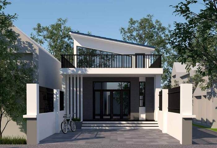 Mẫu nhà cấp 4 có gác lửng 5×20 mái lệch