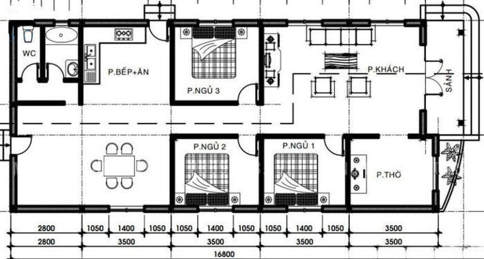 Thiết Kế Nhà Cấp 4 Ngang 8m 3 phòng ngủ 2