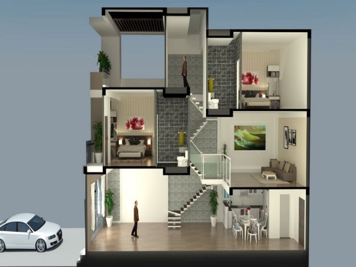 Thiết kế nhà lệch tầng 3x10m 10